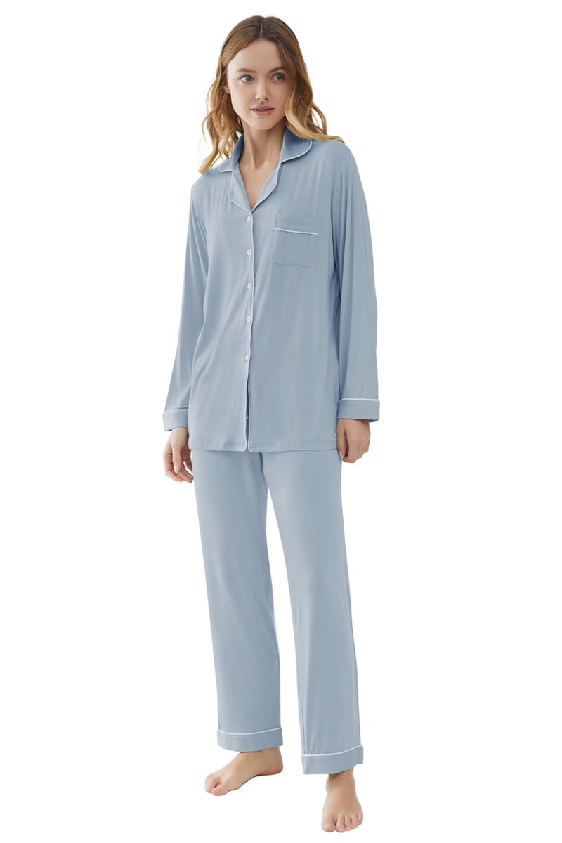 Joyaria Womens Bamboo Viscose Button Down/Up Pajama/Pj/Sleep Sets Sleepwear(Dusty Blue, Large) - Image 2